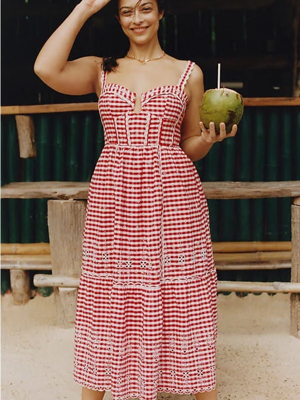 Anthropologie Red and White Gingham Maxi Dress
